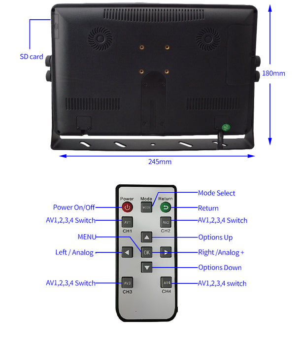 PRO HD Bakkamera KIT med  10'' Monitor + 4 HD Bakkamera