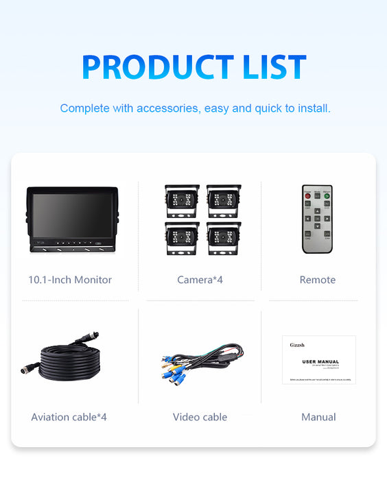 PRO HD Bakkamera KIT med  10'' Monitor + 4 HD Bakkamera
