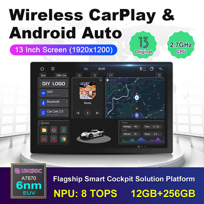 13'' 2-DIN Universal Android skærm, med Apple Carplay & Android Auto