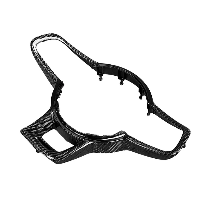 Carbon-coated steering wheel trim for Volkswagen Beetle with black carbon fiber weave pattern