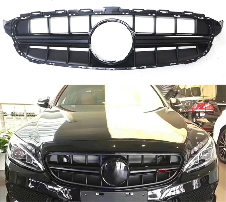 Black AMG E63-style front grille for Mercedes W205 C-Class 2014-2018 with horizontal slats and central ring