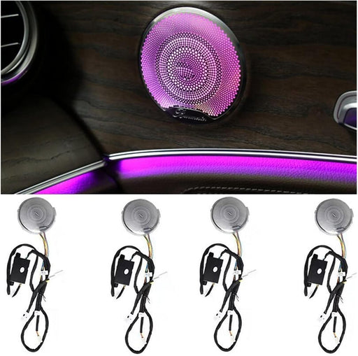 Mercedes E-Class W213 speaker covers with 64-color ambient LED lighting, dashboard installation, RGB effects and mounting hardware