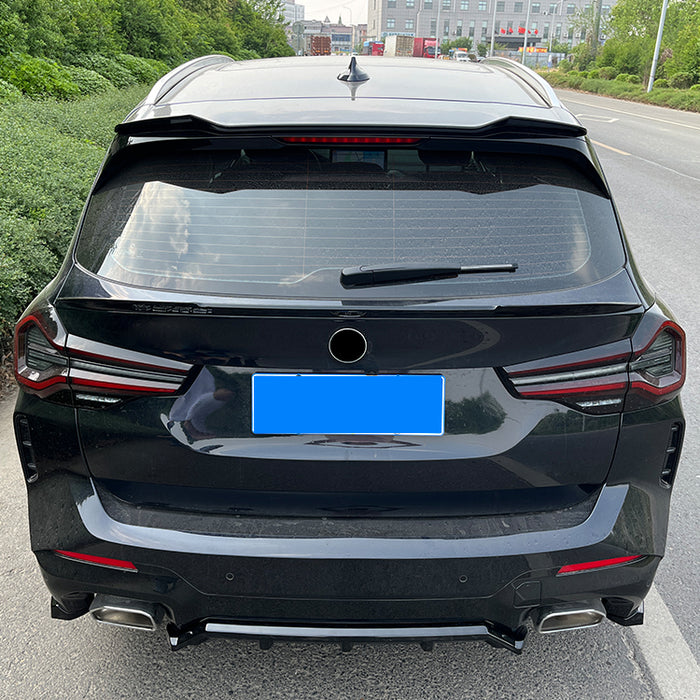 Black roof spoiler for BMW X3 G01 2021-2024 sedan, installed on rear window edge