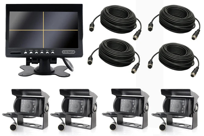 7 tommer QUAD-monitor + 4 kameraer + 2x10m + 2x15m