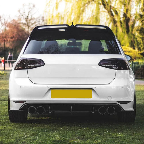 Black bag spoiler for Volkswagen Golf 7/7.5 Standard GTE GTI R shown on white car rear view