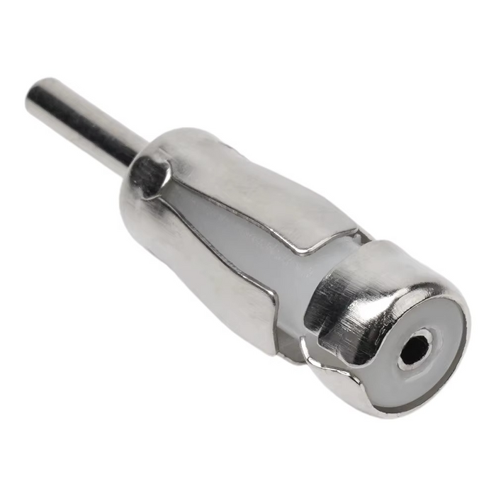 Metal radio antenna adapter converts ISO to DIN with black male connector for car stereo