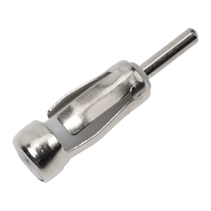 ISO to DIN radio antenna adapter with chrome cylindrical connector and metal housing