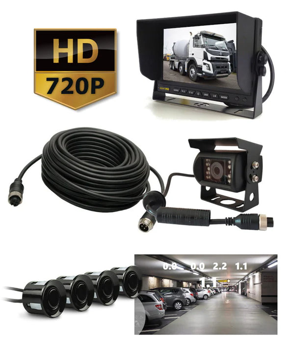 Sæt AHD 7 monitor + 720P kamera + 15m kabel + 4-PIN 720P video baksensorer